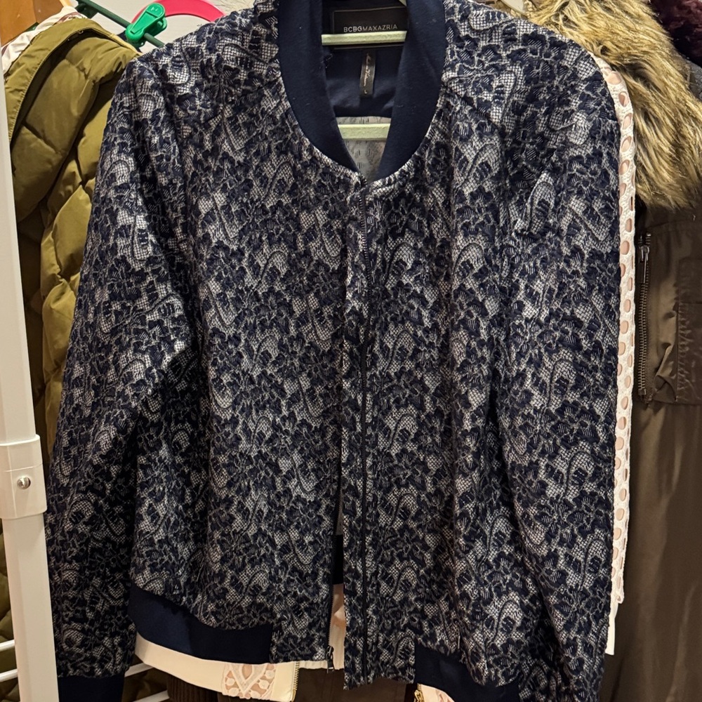 Good American Navy and White Patterned Bomber Jacket